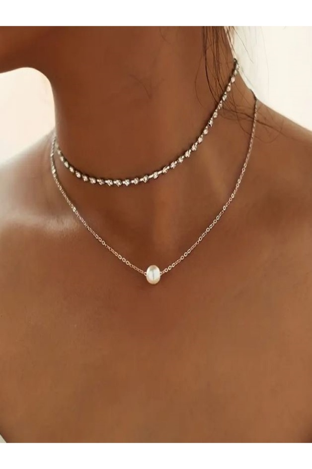 Silver Color 2 Row Necklace with Pearls and Stones