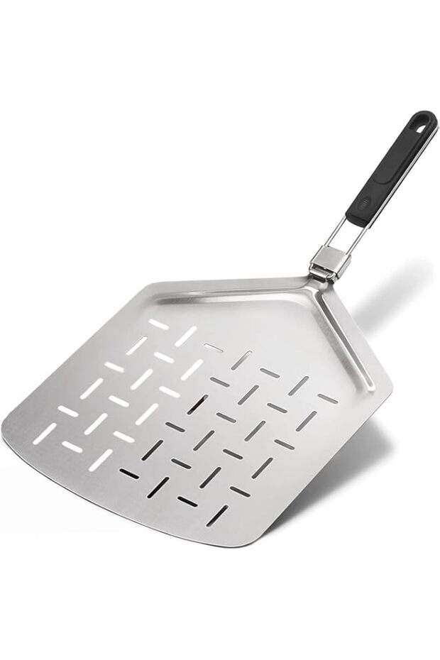 Exrp Perforated Stainless Steel Pizza Peel with Folding Handle (32 x 40 cm) for Oven Pizza Turning, Placement and Retrieving - Professional Baking Tools Series
