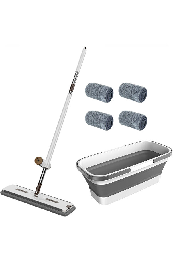 Rotating Mop Set with 4 Microfiber Refills and 10L Collapsible Bucket, awwaline, White/Grey - 1