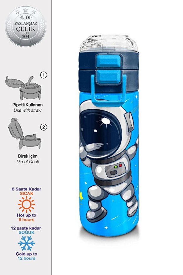 Kids Navy Blue Astronaut Patterned Steel Thermos with Straw and Direct Drinking 500 ml 31804
