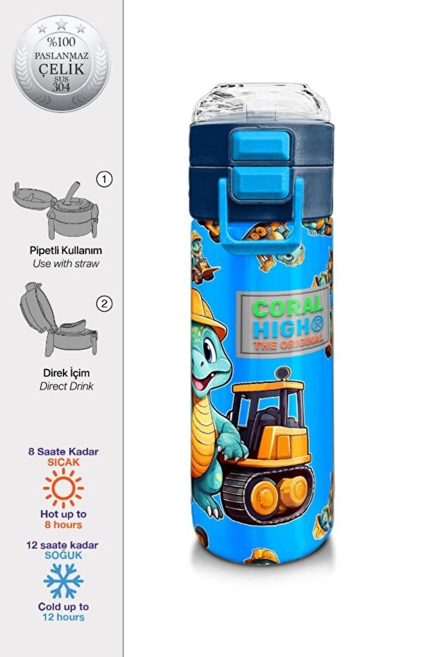 Kids Blue Dinosaur Patterned Steel Thermos with Straw and Direct Drinking 500 ml 31799