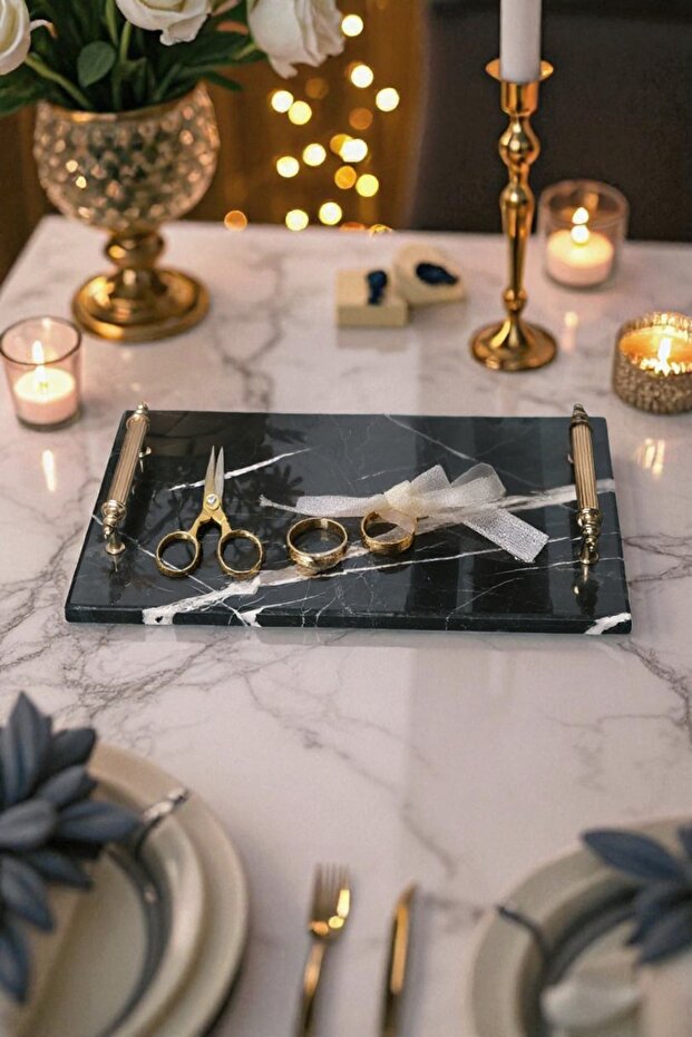 Black Marble Tray with Gold Handles for Promise and Engagement Tray, Luxury Rectangle Presentation and Serving Tray