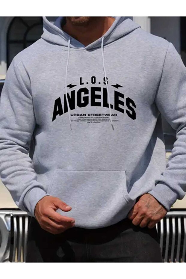 Los Angeles Shock Printed Hooded Pocket Cotton Gray Sweatshirt