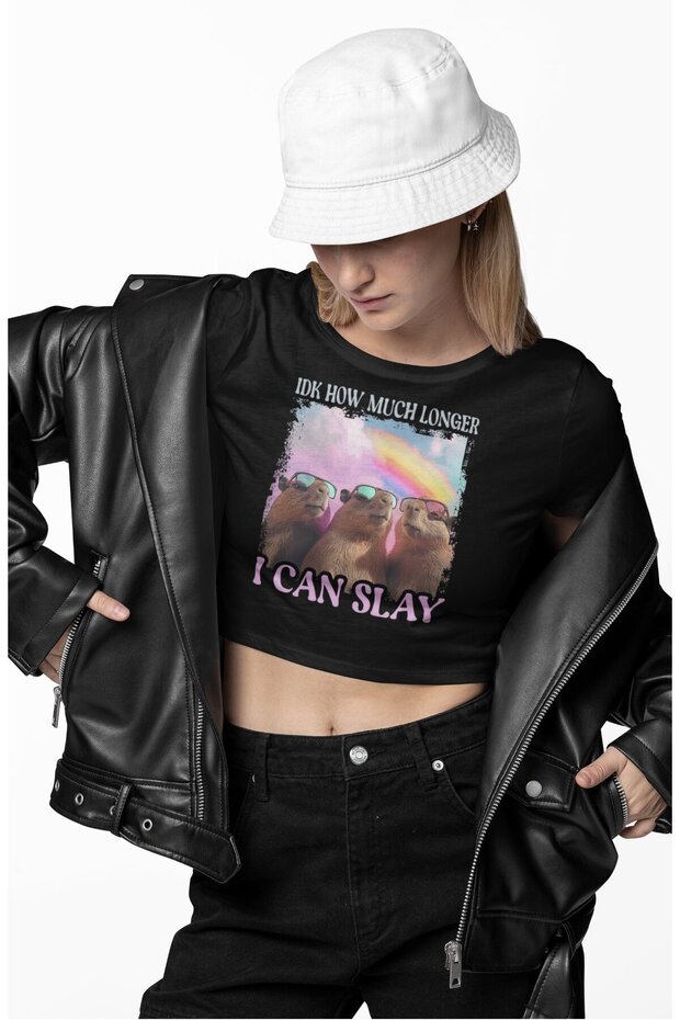I Can Slay Written Crop Top, Women's Capybara Printed Crop Blouse