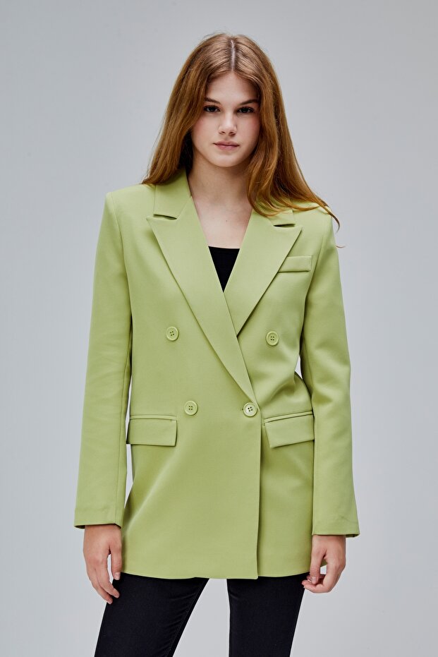 Light Khaki Regular Lined Double Breasted Closure Woven Oversize Blazer Jacket