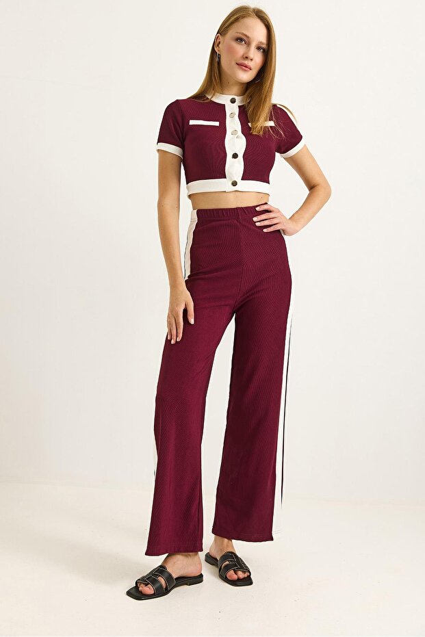Buttoned Short Sleeve Camisole Crop Double Suit Burgundy