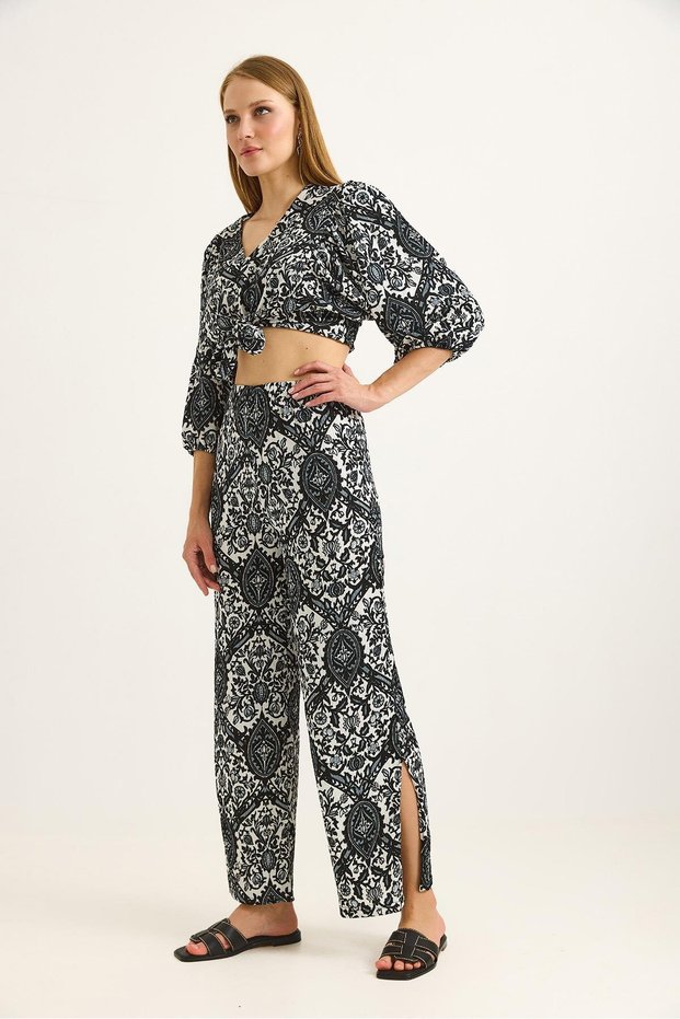 Tie-Up Crop Blouse Pants Double Suit Black