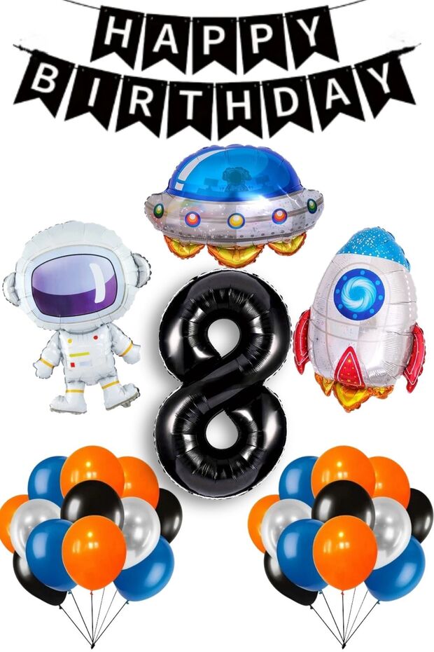 8 Year Old Astronaut Birthday Rocket Galaxy Spaceship Themed Birthday Full Set with Black Number Balloons
