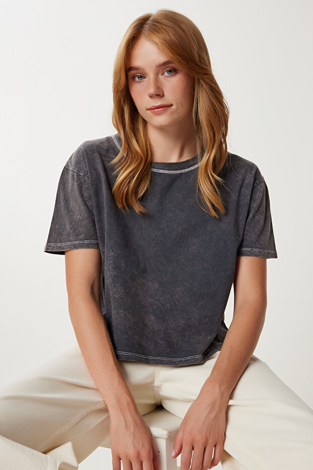 Yıkamalı Crop Örme T-shirt LKT0013 ANTRASİT - 1