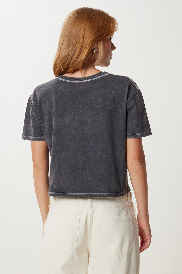Yıkamalı Crop Örme T-shirt LKT0013 ANTRASİT - 5