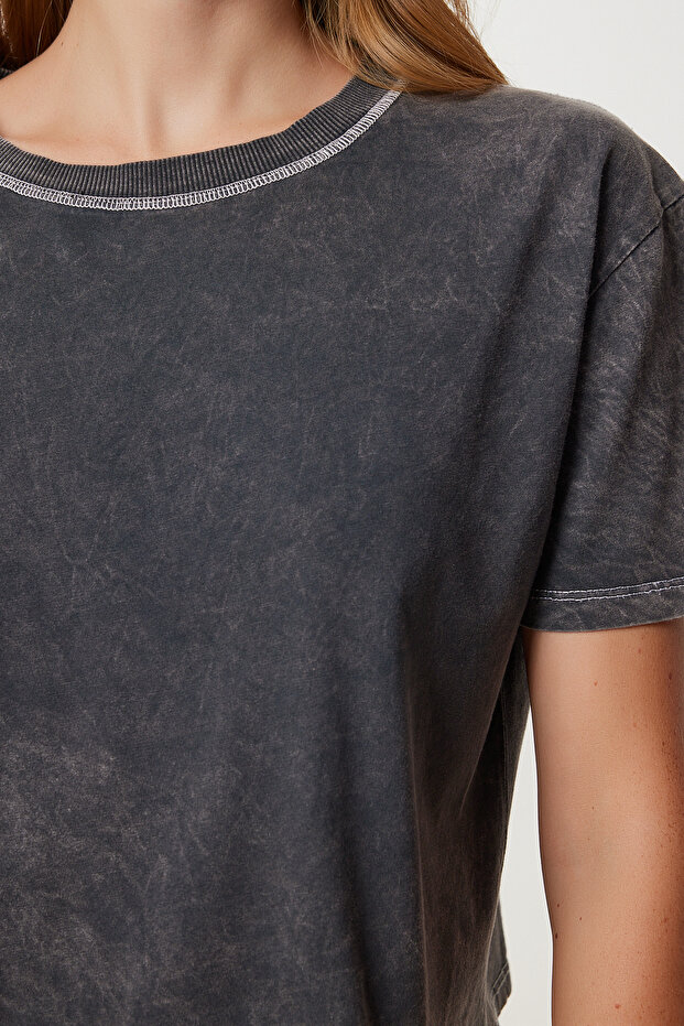 Yıkamalı Crop Örme T-shirt LKT0013 ANTRASİT - 4