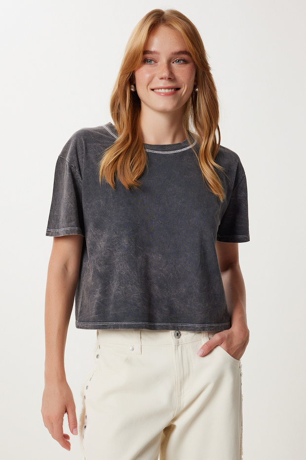Yıkamalı Crop Örme T-shirt LKT0013 ANTRASİT - 3