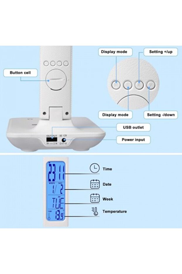LED desk lamp with wireless charging, USB port, clock, alarm, thermometer, touch control, 5 levels - 4