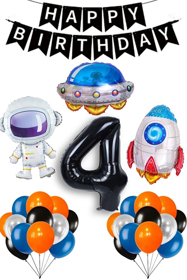 4 Year Old Astronaut Birthday Rocket Galaxy Spaceship Themed Birthday Full Set with Black Number Balloons