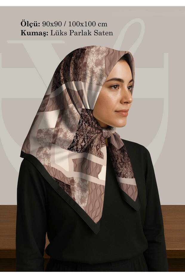 وشاح منقوش بتصميم عتيق |   كتل الكريمة والقهوة |   90x90 - 100x100 سم |   ساتان لامع