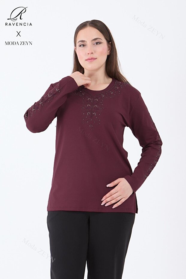 Women's Middle Age and Above Viscose Stripe Flower Pattern Stone Embroidered Lycra Dark Claret Red Mother Combed Cotton Blouse