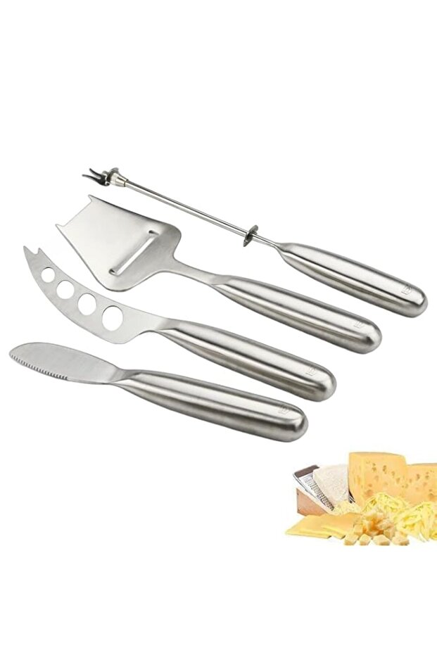 4-Piece Silver Stainless Steel Cheese Knife Set - Includes Wire Cutter, Spreader, Slicer & 4-Hole Knife for Cheese Boards & Parties