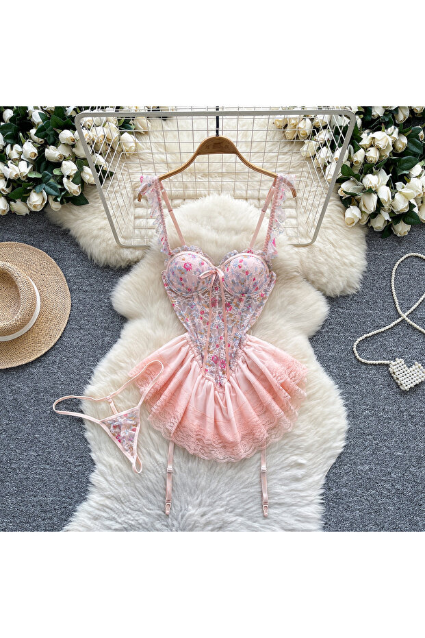 Floral Lace Mesh Bodice Dress with Pleated Skirt and Adjustable Straps