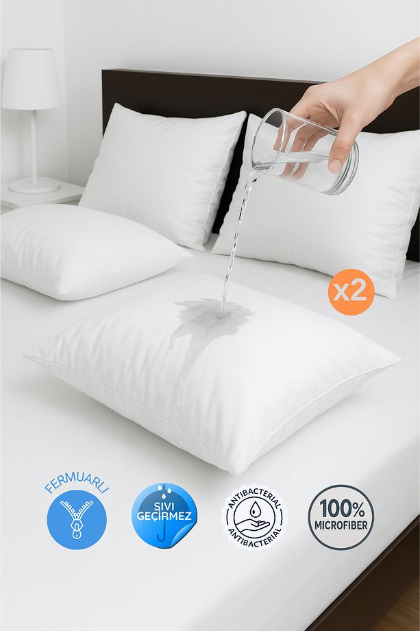 2'li Fermuarlı Mikrofiber Su Sıvı Geçirmez Yastık Alezi Yastık Koruyucu - 1