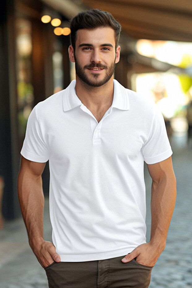 Beyaz Slim/Dar Kesim Yakası Çizgili Basic %100 Pamuk Polo Yaka T-shirt TMNSS20PO0009 - 1