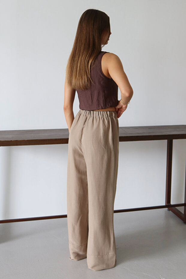 Wardrobe Essentials Vizon Keten İçerikli Geniş Paça Beli Lastikli Pantolon TWOSS25PL00124 - 5