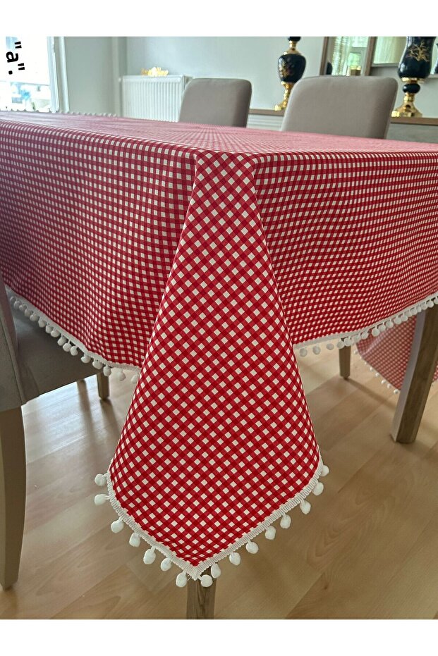 Red and White Piti Checked - Liquid Resistant Pompom Tablecloth