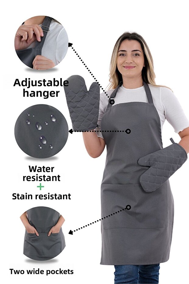Simple Set of 3 Kitchen Apron Set with Adjustment Hanger and Pocket (2 GLOVES) Chef Waiter Cafe Cook Barista