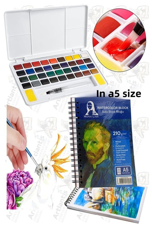 36 Colors Tablet Watercolor and A5 Ring Binder Watercolor Block Paper A5 210Gr 20 Sheets Fine Textured Stone Watercolor