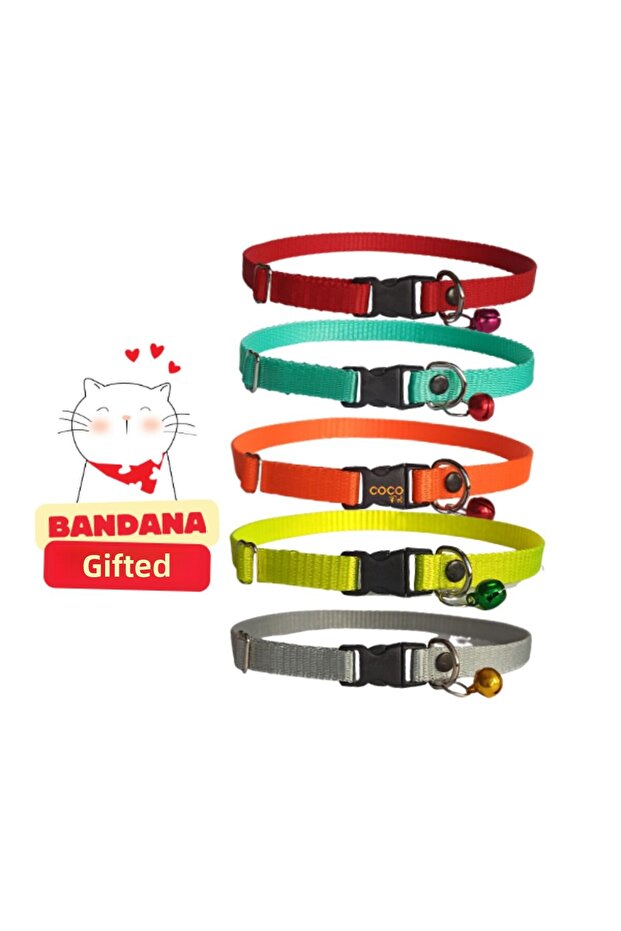 Cat Collar with Bell Set of 5 20-32 Cm Orange Turquoise Yellow Gray Red