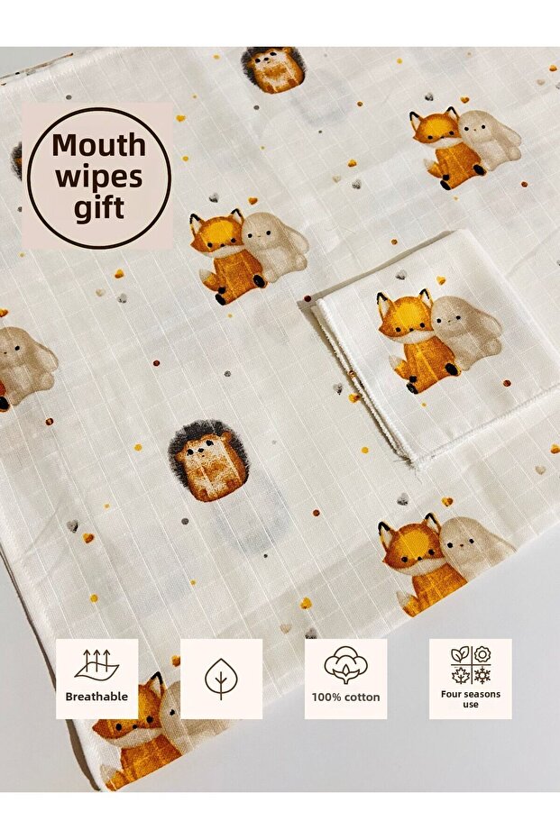 Multi-Purpose Muslin Cover & Blanket, Mouth Wipe Gift, 100% Cotton Fox
