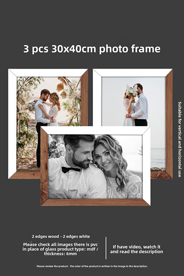 3 قطع إطار 30x40 - إطار Mdf a3 - إطار صورة - إطار خشبي أبيض بلونين