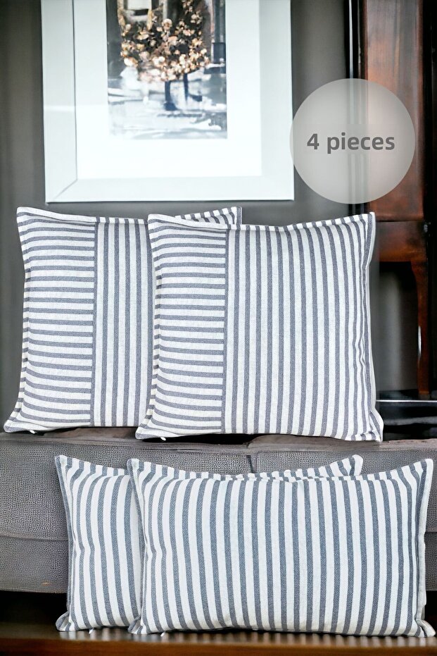 Gray Striped Cotton Decorative 30X50 cm and 45X45 cm Set of 4 Pillow / Cushion Covers - 2 Pairs
