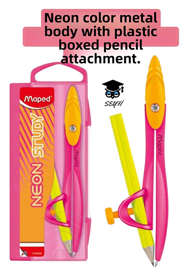 Plastic Boxed Compass with Pen Insert Neon Color Metal Body