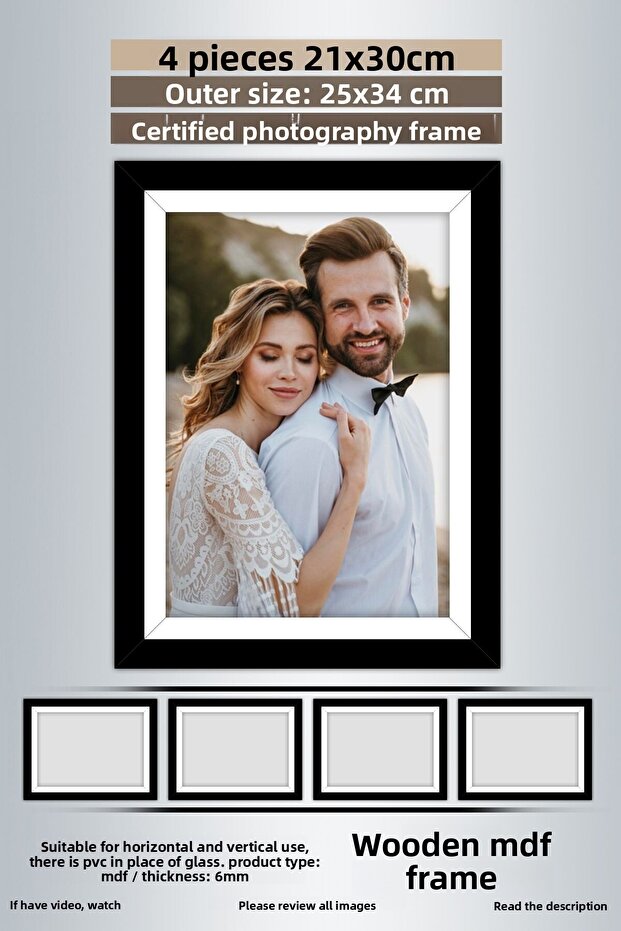 4 قطع إطار 21x30 - إطار مخطط أبيض وأسود - إطار A4 - إطار دبلوم مع PVC