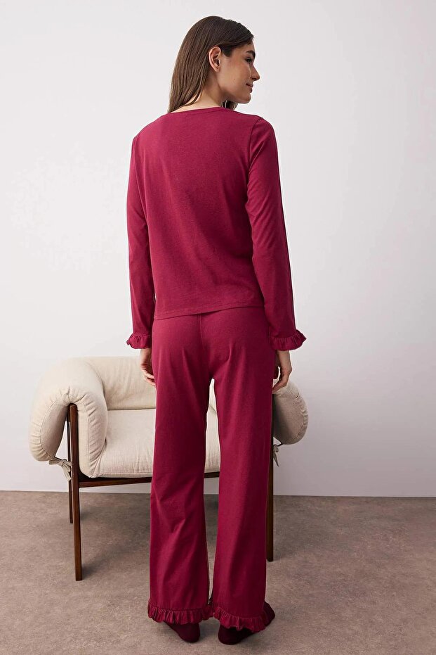 Bordo %100 Pamuklu Fırfırlı Örme Pijama Takımı THMAW26PT00057 - 4