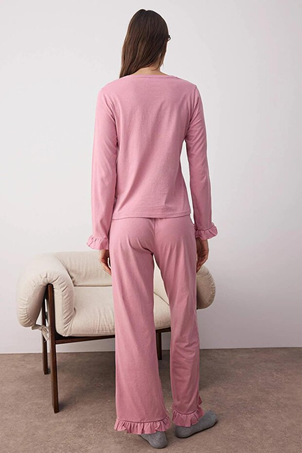 Gül Kurusu %100 Pamuklu Fırfırlı Örme Pijama Takımı THMAW26PT00057 - 4