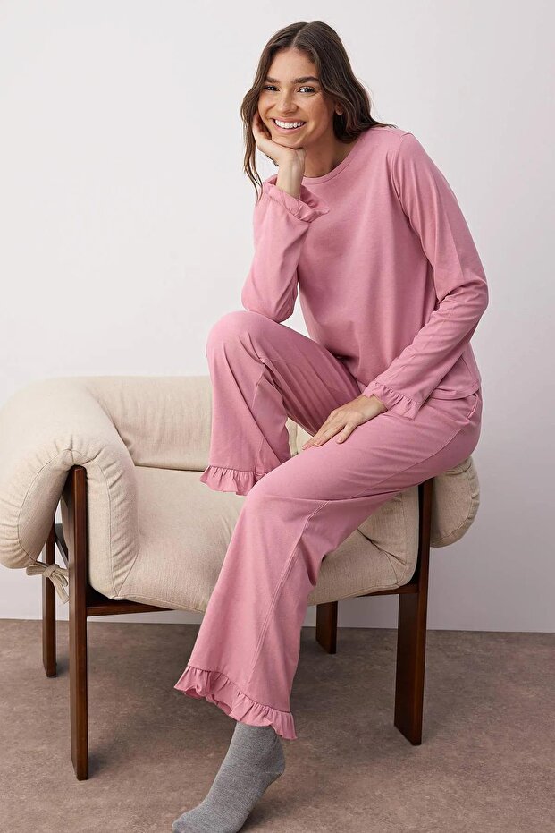 Gül Kurusu %100 Pamuklu Fırfırlı Örme Pijama Takımı THMAW26PT00057 - 1