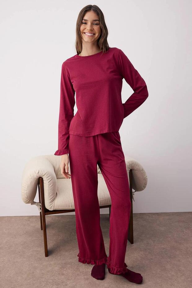 Bordo %100 Pamuklu Fırfırlı Örme Pijama Takımı THMAW26PT00057 - 2