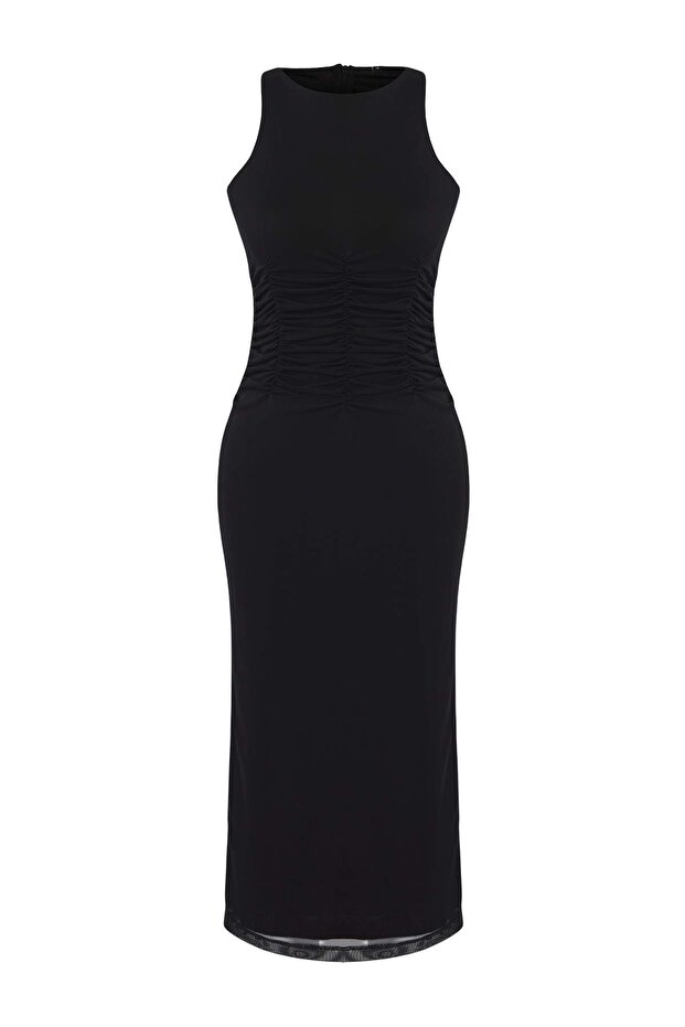 Czarna suknia z kwiatowym wzorem, z dzianinowej tkaniny, z podszewką, do matury/balu TPRSS24EL00202 - 5