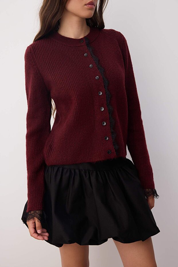 Bordo Dantel Garnili Triko Hırka TWOAW26HI00171 - 3