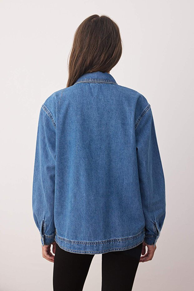 Mavi Fermuar Detaylı Denim Gömlek TWOAW26GO00002 - 4