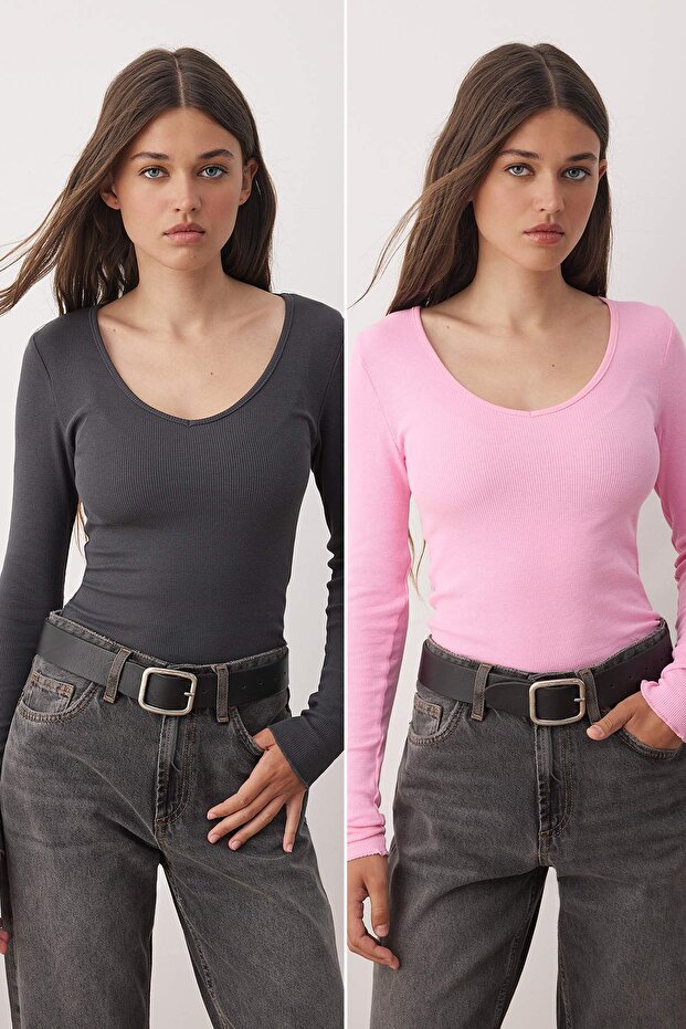 Antrasit-Pembe 2'li Paket V Yaka Fitted/Vücuda Oturan Pamuklu Esnek Örme Bluz TWOAW24BZ00068 - 1