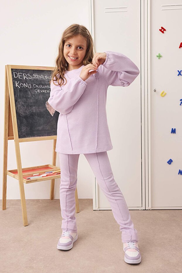 Lila Gül Aplikeli Düz Örme Kız Çocuk Dokulu Sweatshirt ve Eşofman Alt-Üst Takım TKDAW25AU00023 - 1