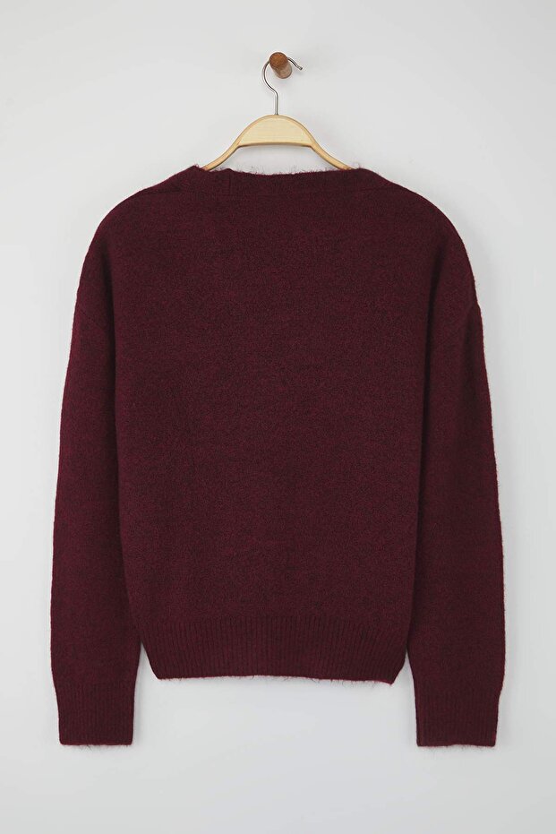 Wardrobe Essentials Bordo Yünlü Geniş Kalıp V Yaka Triko Hırka | TWOAW26HI00083 - 6