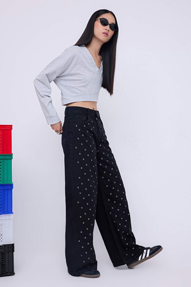 Teen Siyah Kuşgözü Detaylı Yüksek Bel Wide Leg Jeans TWOAW26JE00041 - 3