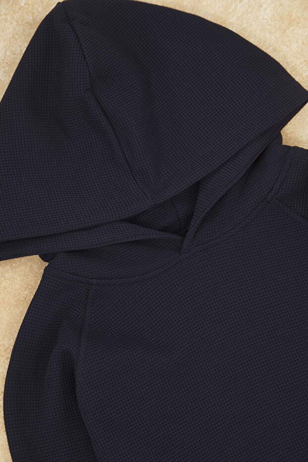 Lacivert Pamuklu Düz/Basic Kapüşonlu Oversize Erkek Çocuk Örme Alt - Üst Takım TKDAW26AU00015 - 5