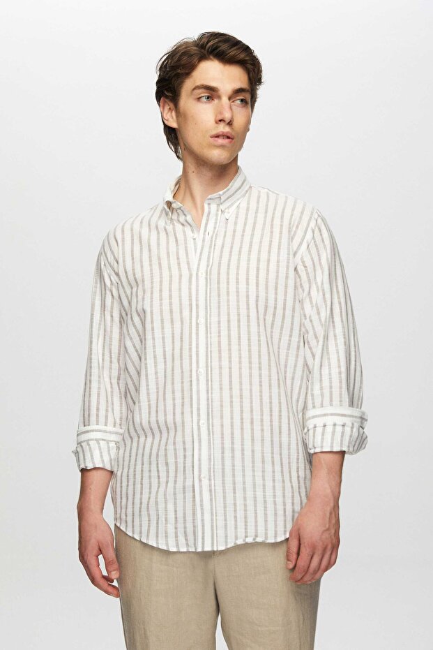 Ds Damat Slim Fit Mink Striped 100% Cotton Summer Linen Shirt