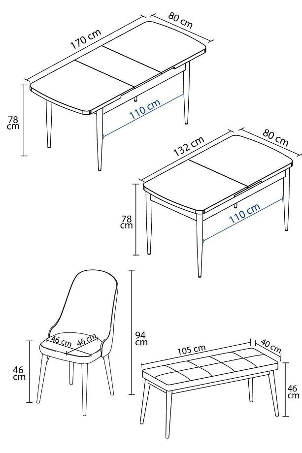 Ikon Meşe Desen 80x132 Mdf Açılabilir Yemek Masası Takımı 4 Sandalye, 1 Bench - 5