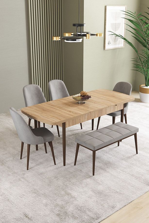 Ikon Meşe Desen 80x132 Mdf Açılabilir Yemek Masası Takımı 4 Sandalye, 1 Bench - 2