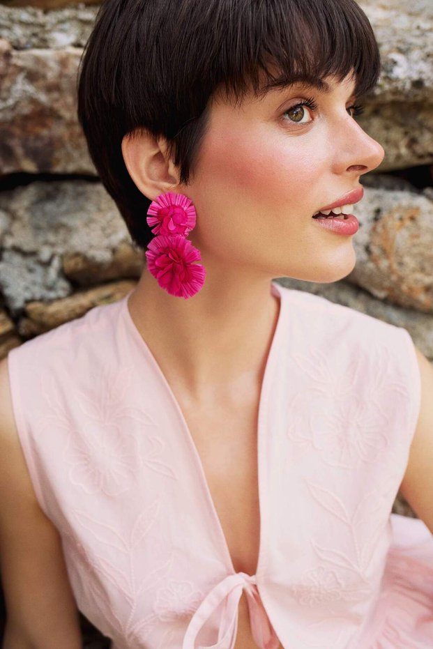 Women's Pink Flower Straw Detailed Earrings F0832Axns